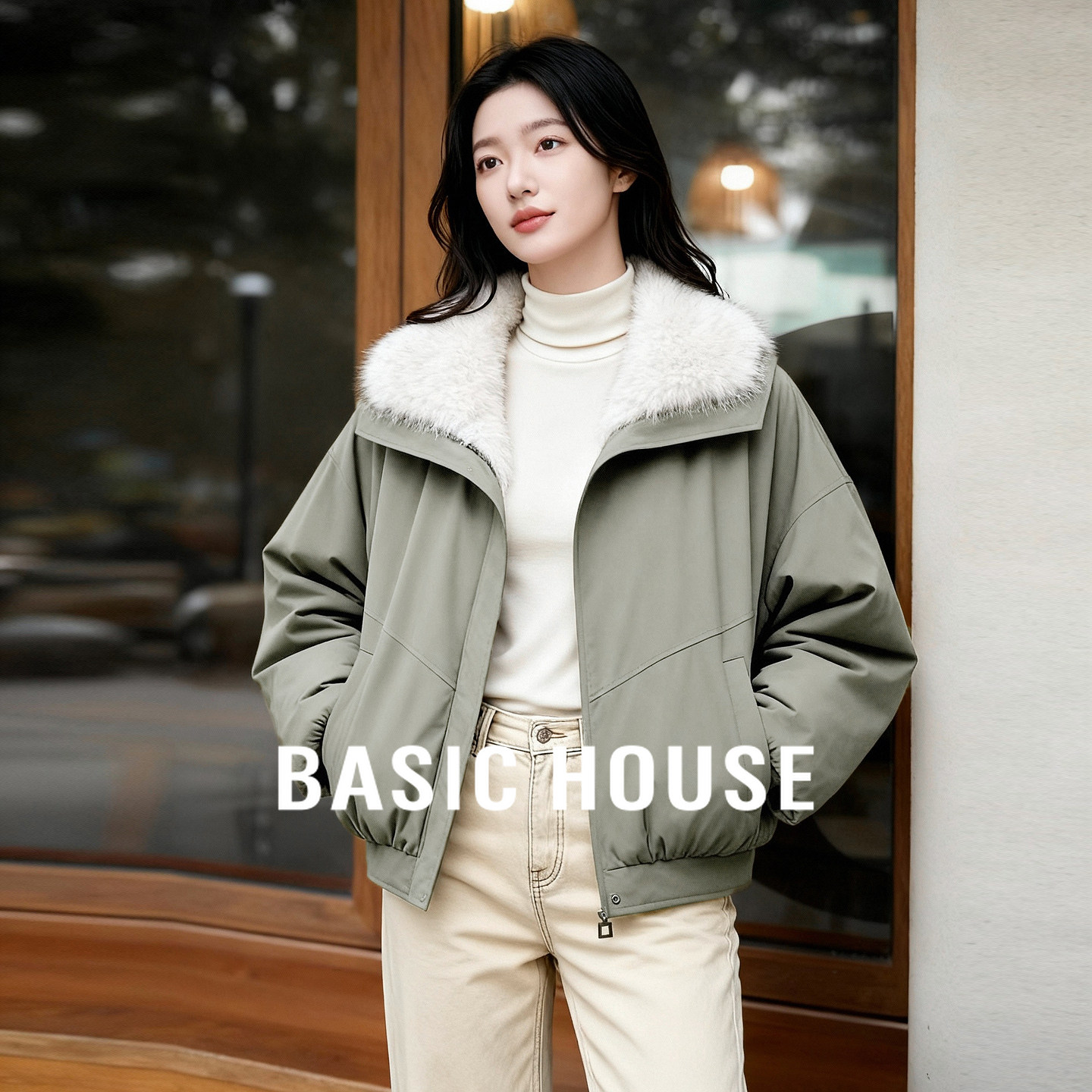 百家好复古绿卡其棉服女士冬季高级感大毛领加厚宽松保暖工装外套