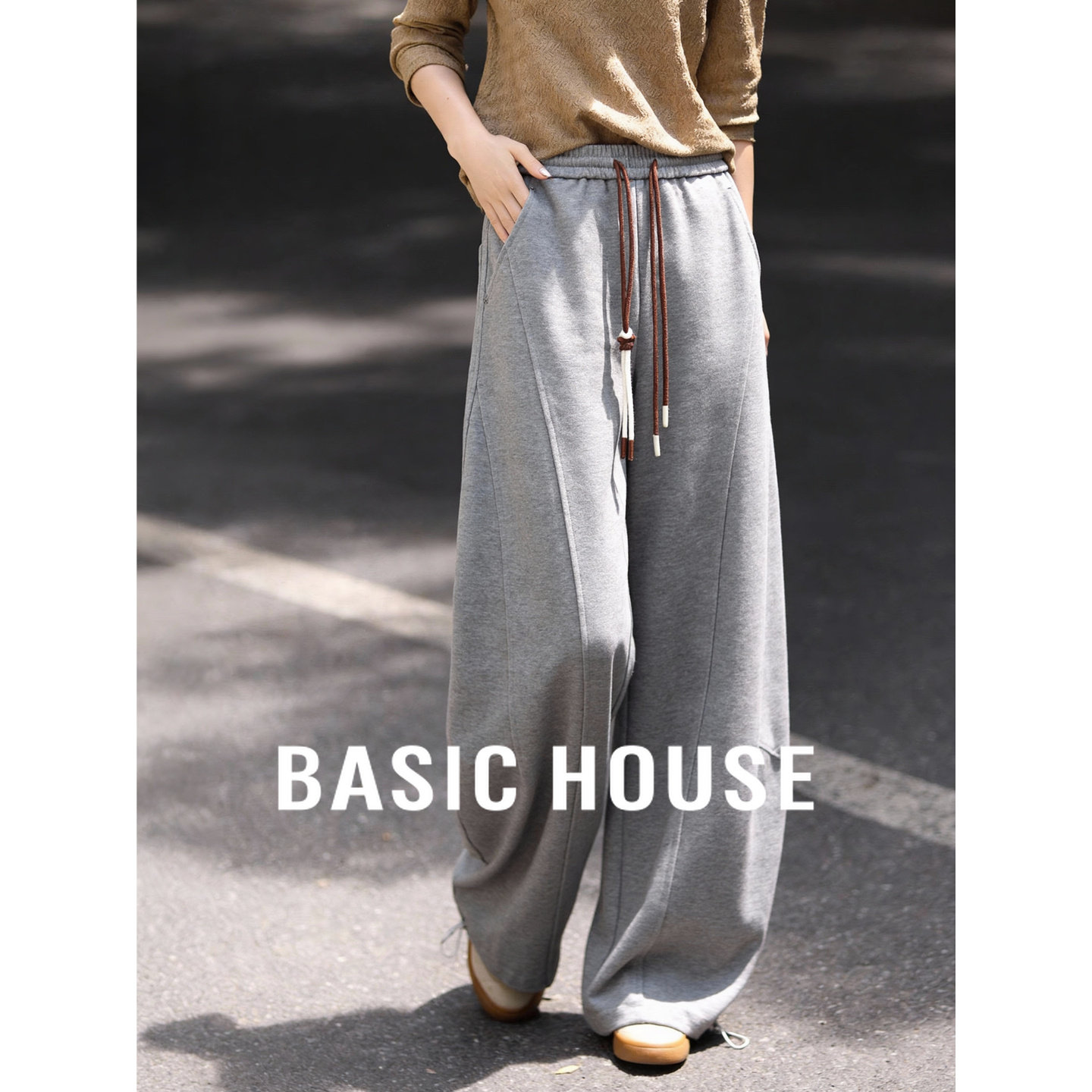 百家好灰色运动卫裤女士春季2026新款宽松显瘦阔腿垂感镰刀香蕉裤