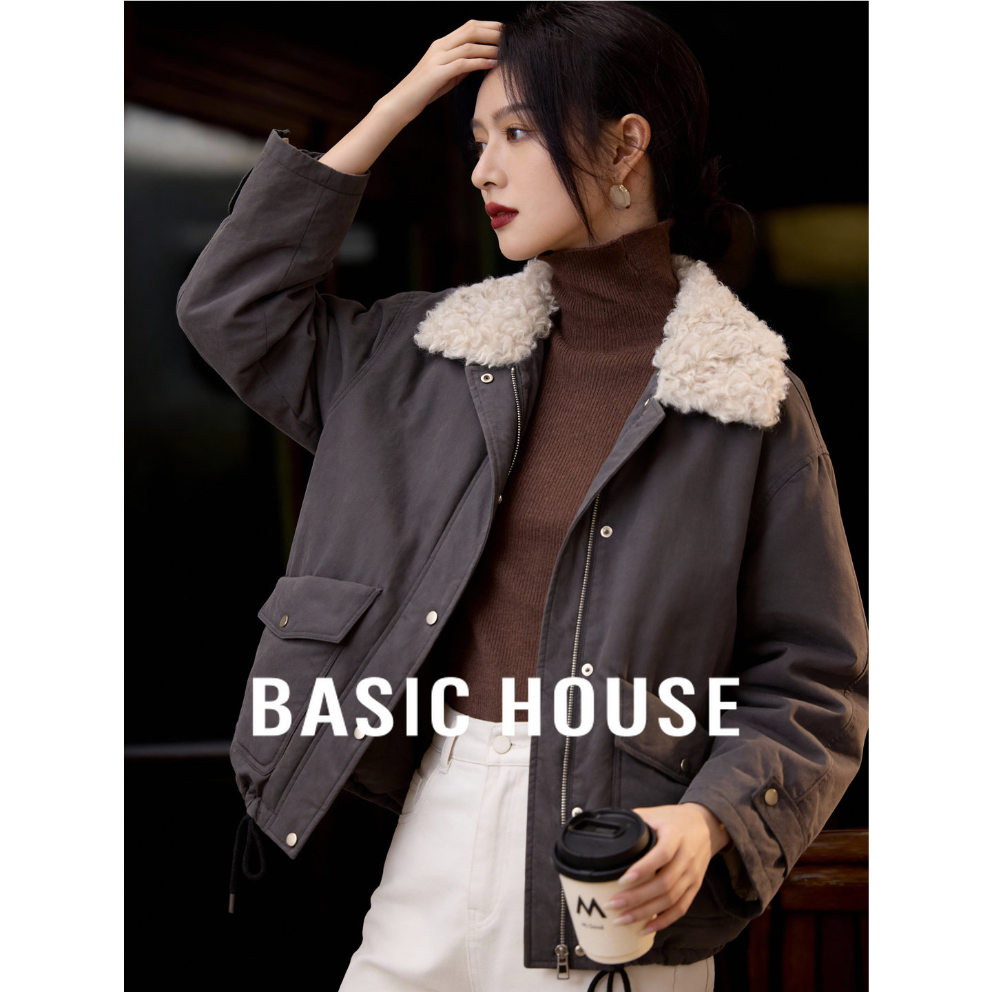 Basic House/百家好卷毛翻领中长款羽绒服女冬新款大口袋鸭绒外套,女装/女士精品,羽绒服,淘宝优惠券,粉丝福利购,淘宝优惠卷