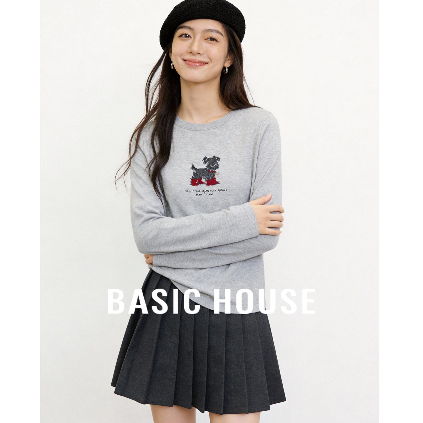 Basic House/百家好卡通小狗印花长袖T恤春宽松显瘦减龄百搭上衣