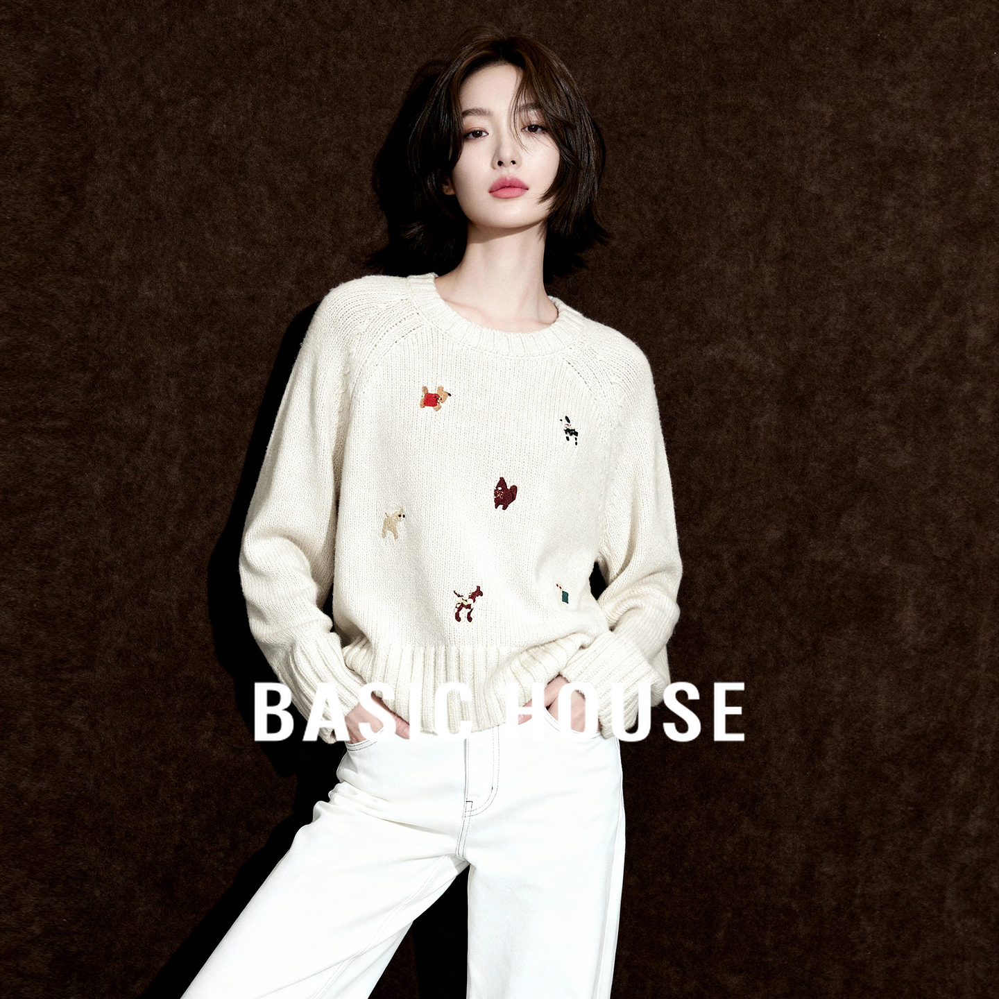 Basic House/百家好狗狗刺绣毛衣女2025秋季可爱减龄宽松套头上衣