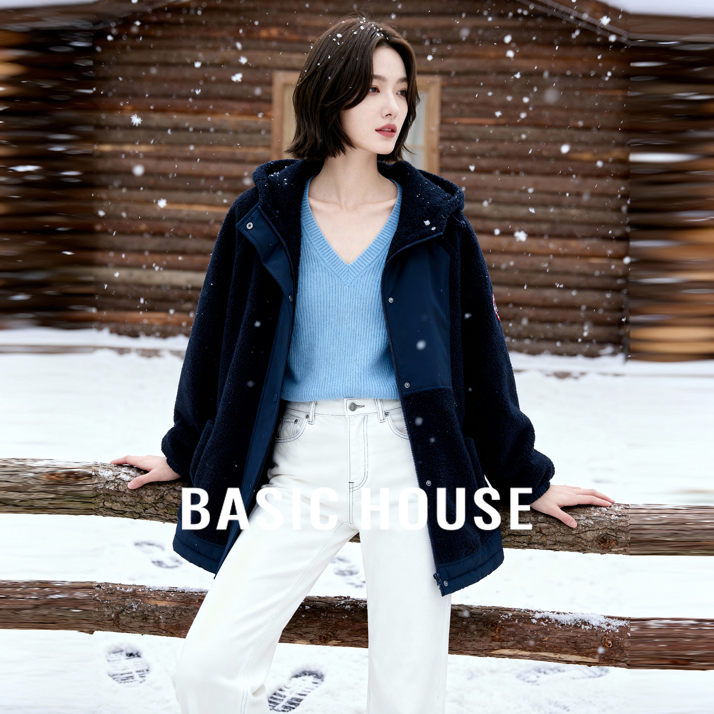 百家好拼接连帽羊羔毛外套