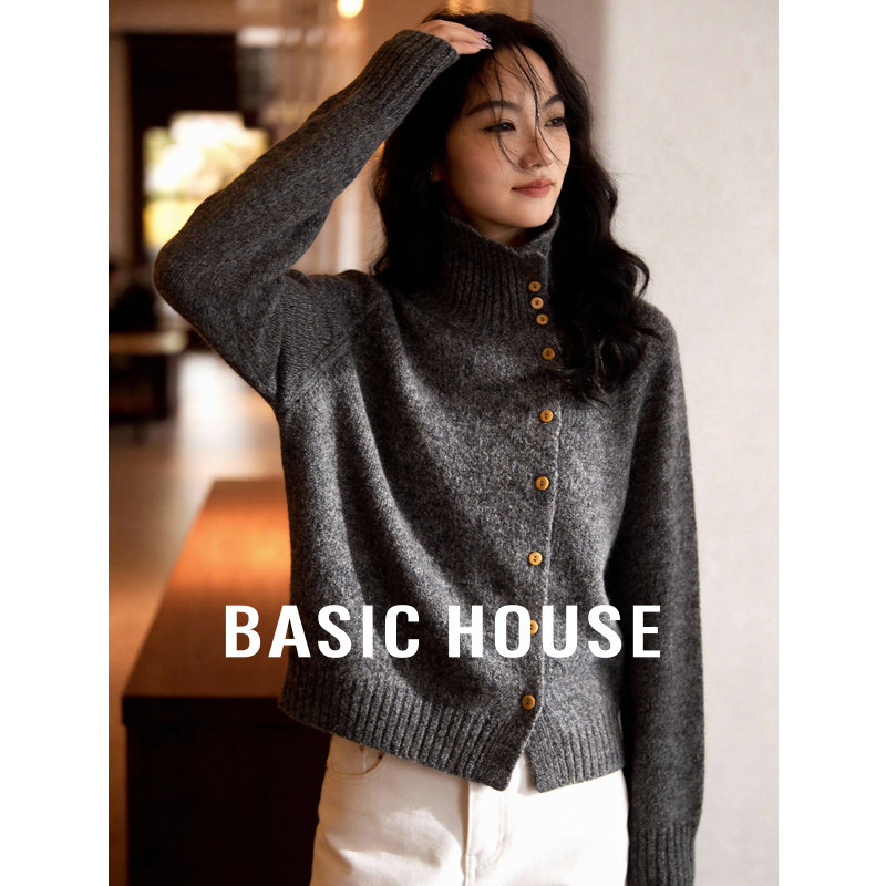 Basic House/百家好高领灰色毛衣女冬季新款单排扣绵羊毛套头毛衫,女装/女士精品,毛衣,淘宝优惠券,粉丝福利购,淘宝优惠卷