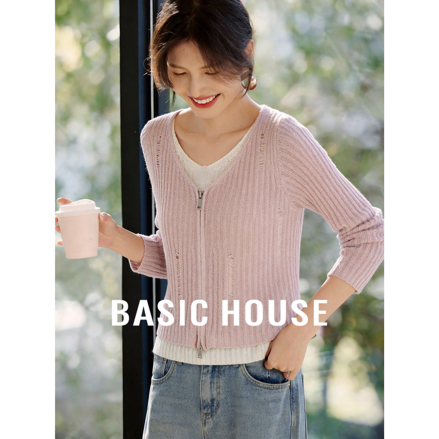 百家好温柔粉假两件针织衫女2026春新款V领拉链坑条显瘦短款上衣