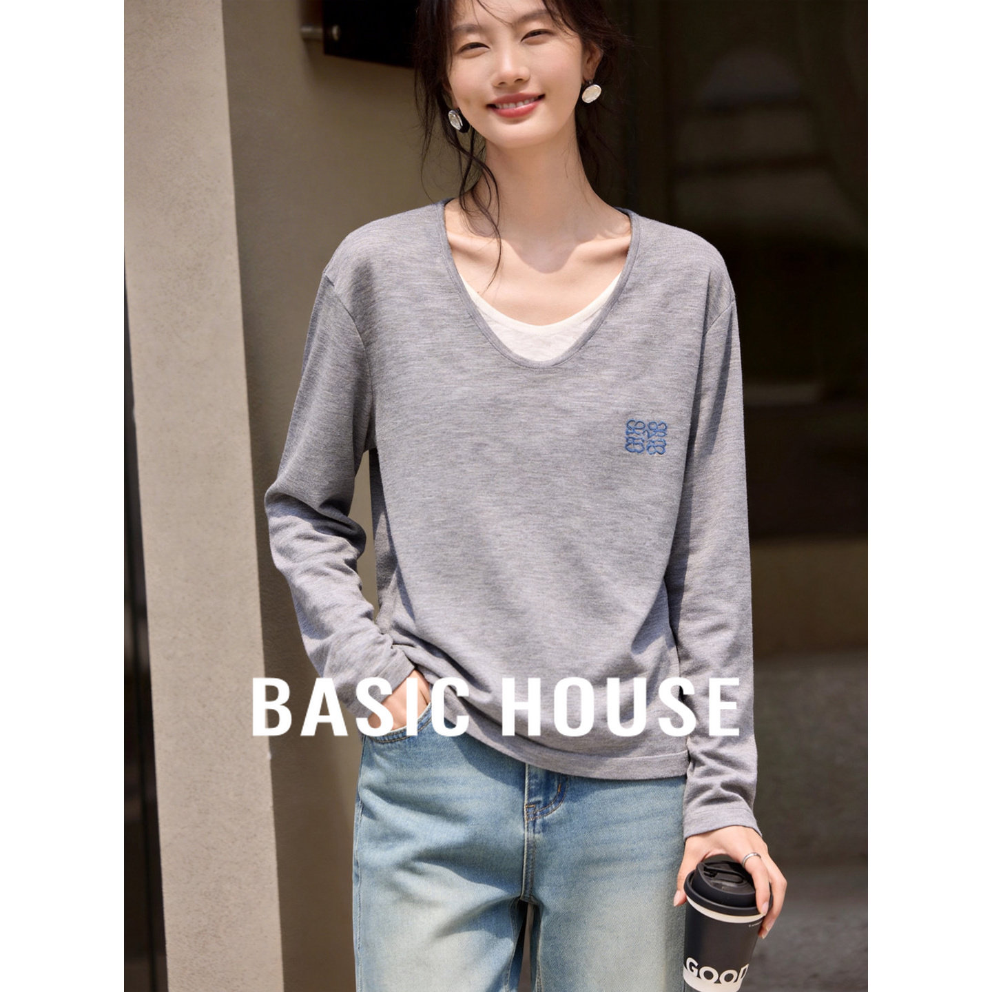 百家好早春刺绣假两件T恤女宽松显瘦设计感小众通勤百搭长袖上衣