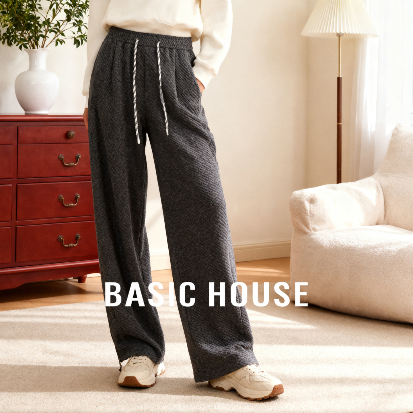 Basic House/百家好冬季加绒灰色纹理阔腿卫裤女高腰宽松显瘦裤子