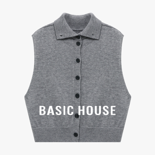 百家好灰色翻领针织马甲女2026春季无袖开衫外搭通勤显瘦叠穿背心