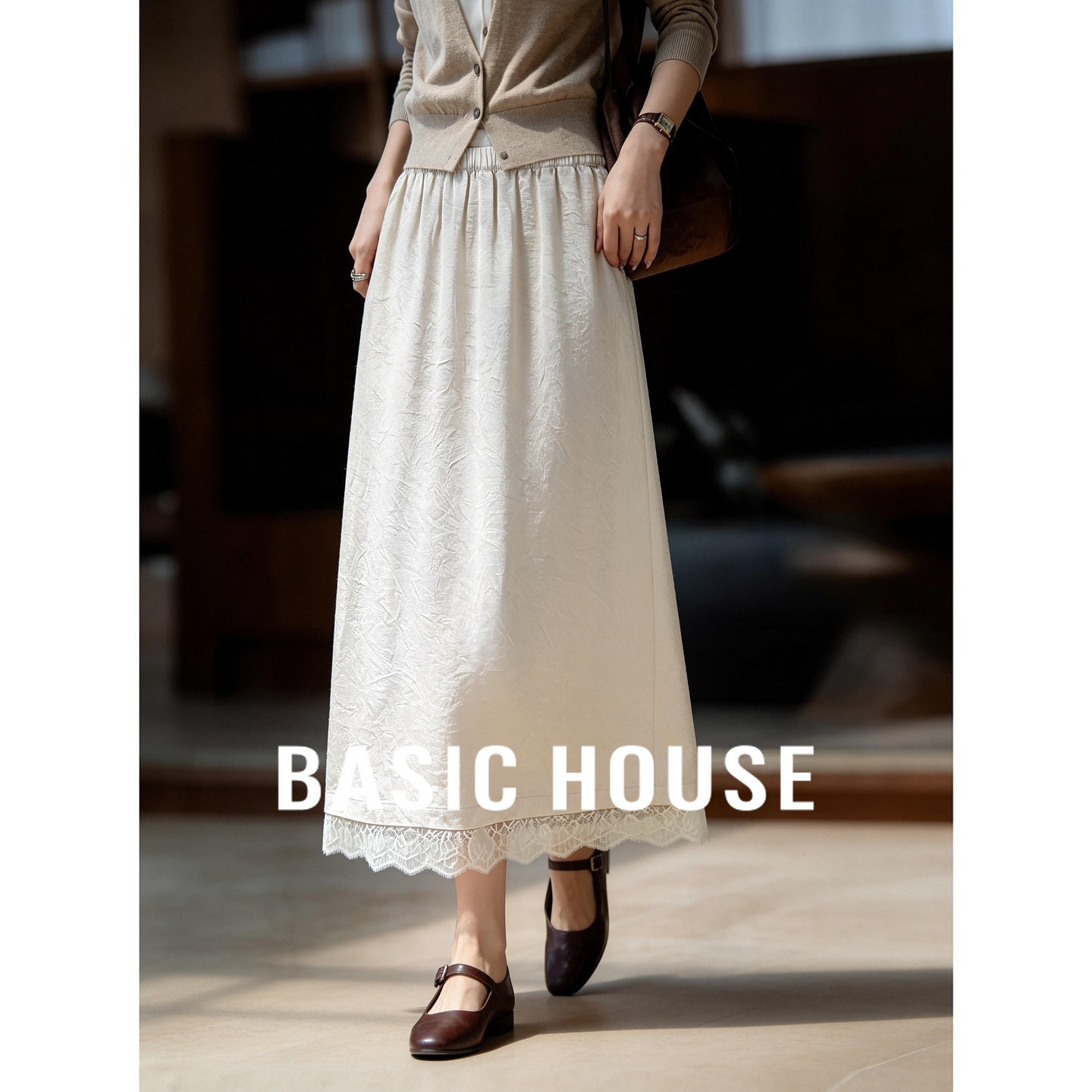 Basic House/百家好松紧腰直筒半身裙女夏新款蕾丝下摆中长款裙子