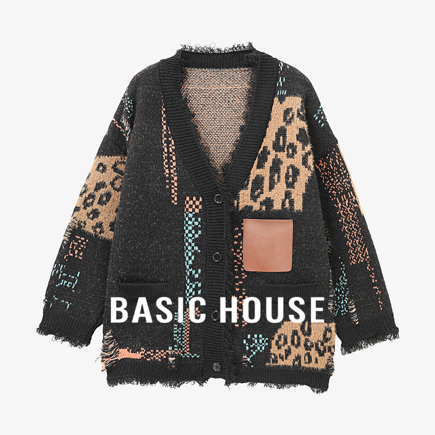 Basic House/百家好复古拼接豹纹毛衣女25秋冬做旧毛边慵懒风外套