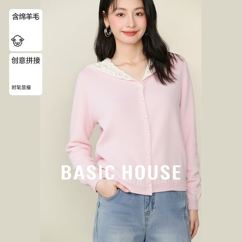 Basic House/百家好蕾丝连帽针织开衫秋冬气质长袖短款珍珠扣上衣