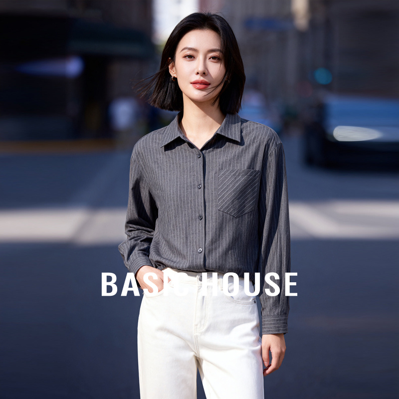 Basic House/百家好休闲撞色条纹衬衫2025秋冬侧腰抽绳长袖上衣女