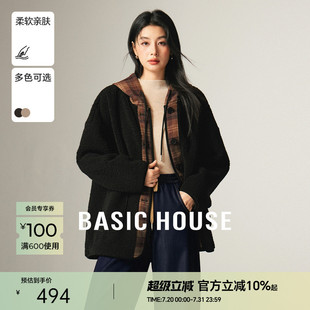Basic 宽松慵懒风连帽上衣 House 百家好格子拼接毛毛外套秋冬新款