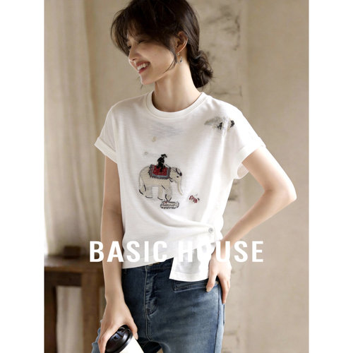 Basic House/百家好卡通刺绣短袖针织衫夏季新款抽褶短款圆领上衣