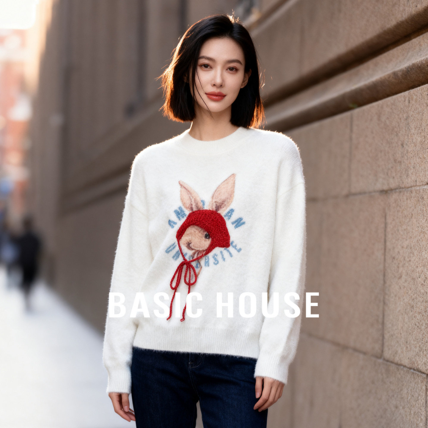 Basic House/百家好卡通刺绣毛衣女2025秋冬圆领宽松软糯可爱上衣,女装/女士精品,毛衣,淘宝优惠券,粉丝福利购,淘宝优惠卷