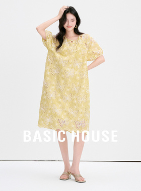 Basic House/百家好提花镂空连衣裙女夏季新款透气泡泡袖中长裙子