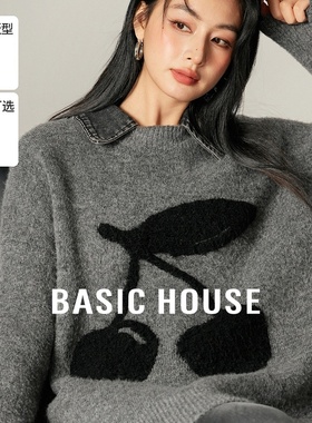 Basic House/百家好2025秋冬复古翻领樱桃毛衣牛仔拼接套头上衣女