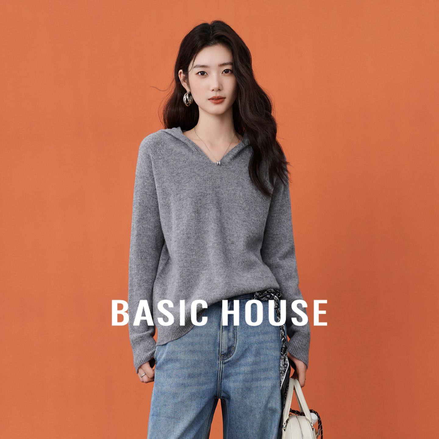Basic House/百家好100%绵羊毛针织衫2025秋冬新款灰色连帽毛衣女