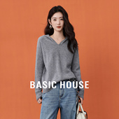 2026女新款 百家好绵羊毛套头针织衫 灰色连帽圆领毛衣 House Basic