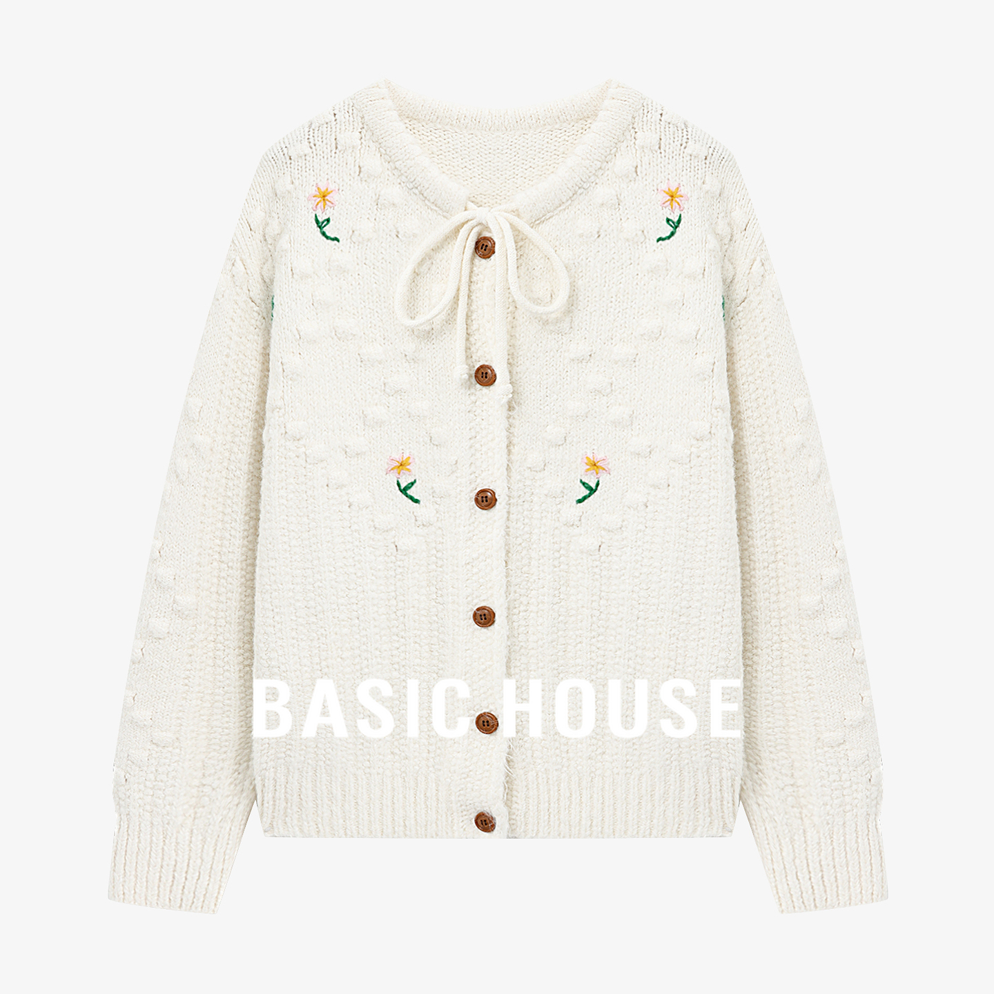 Basic House/百家好刺绣系带开衫毛衣女2025秋冬单排扣温柔风外套