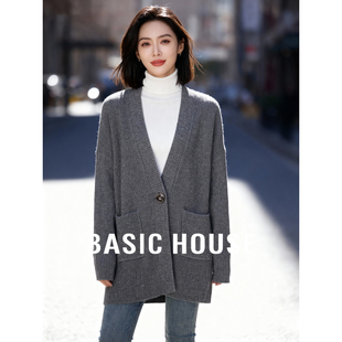 Basic House/百家好灰色V领毛衣开衫显瘦绵羊毛一粒扣中长款外套