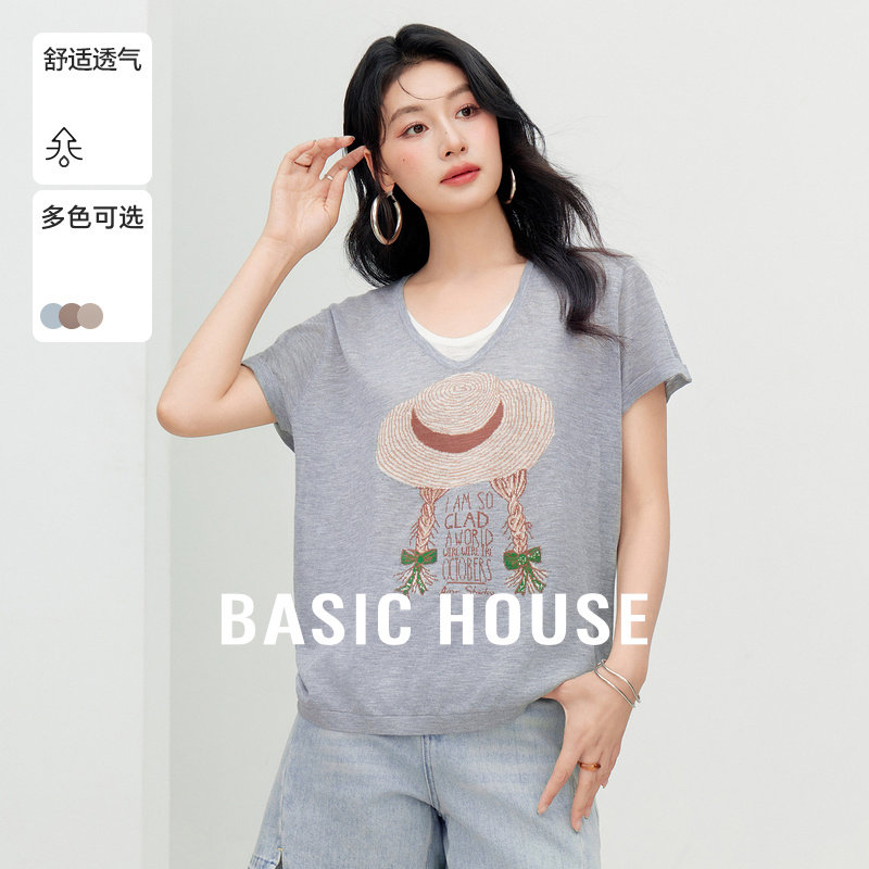 Basic House/百家好撞色假两件刺绣针织衫夏季薄款卷边袖上衣2026