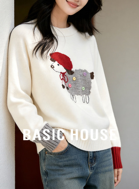 Basic House/百家好小羊提花立体纽扣毛衣女冬季圆领套头减龄上衣