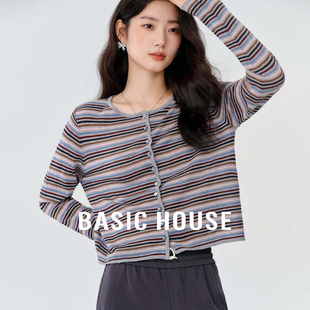 秋季 Basic House 百家好綿羊毛條紋針織開(kāi)衫 上衣 慵懶撞色圓領(lǐng)短款