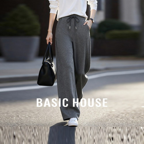 Basic House/百家好灰色羊绒休闲卫裤女冬季抽绳收腰显瘦阔腿长裤