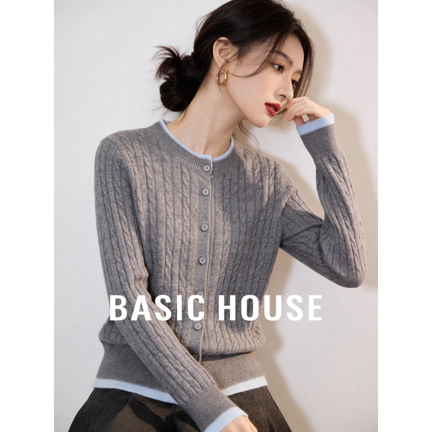 百家好撞色麻花针织羊毛开衫女春季新款复古慵懒圆领绞花春装毛衣