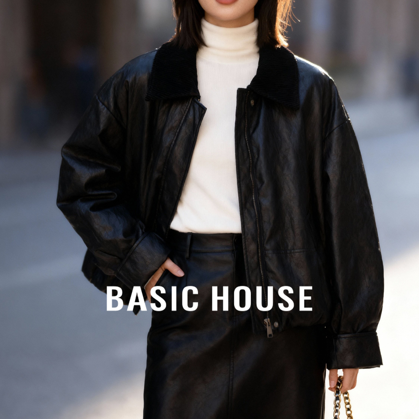 Basic House/百家好撞色皮鹅绒羽绒服女冬季灯芯绒撞色拼接短外套