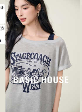 Basic House/百家好美式刺绣露肩短袖针织衫夏季新款短款撞色上衣