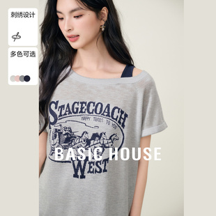 Basic House/百家好美式刺绣露肩短袖针织衫夏季新款短款撞色上衣