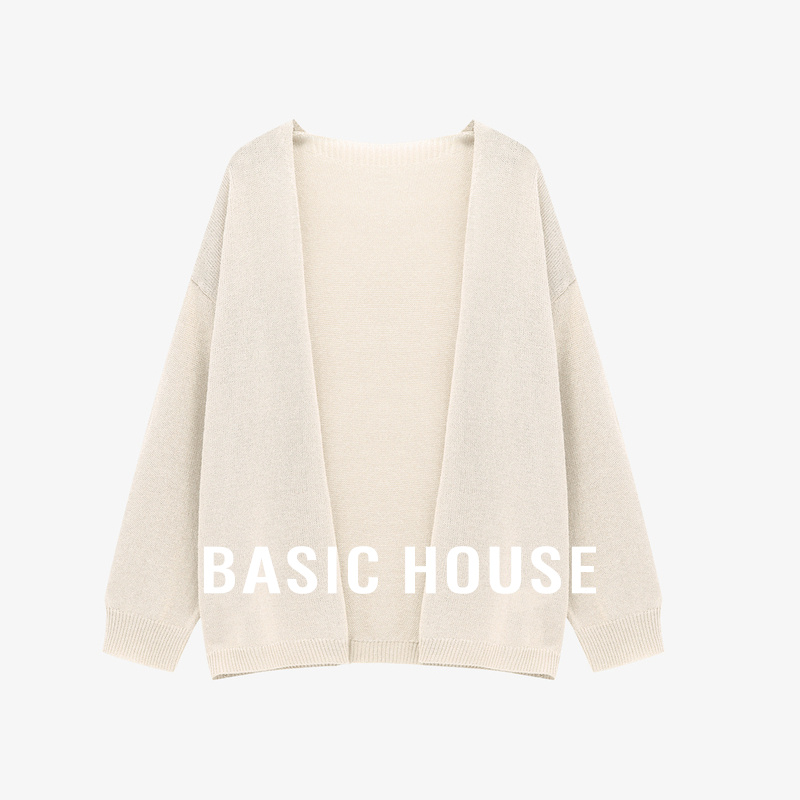Basic House/百家好早秋新款宽松显瘦气质透气V领开衫长袖针织衫