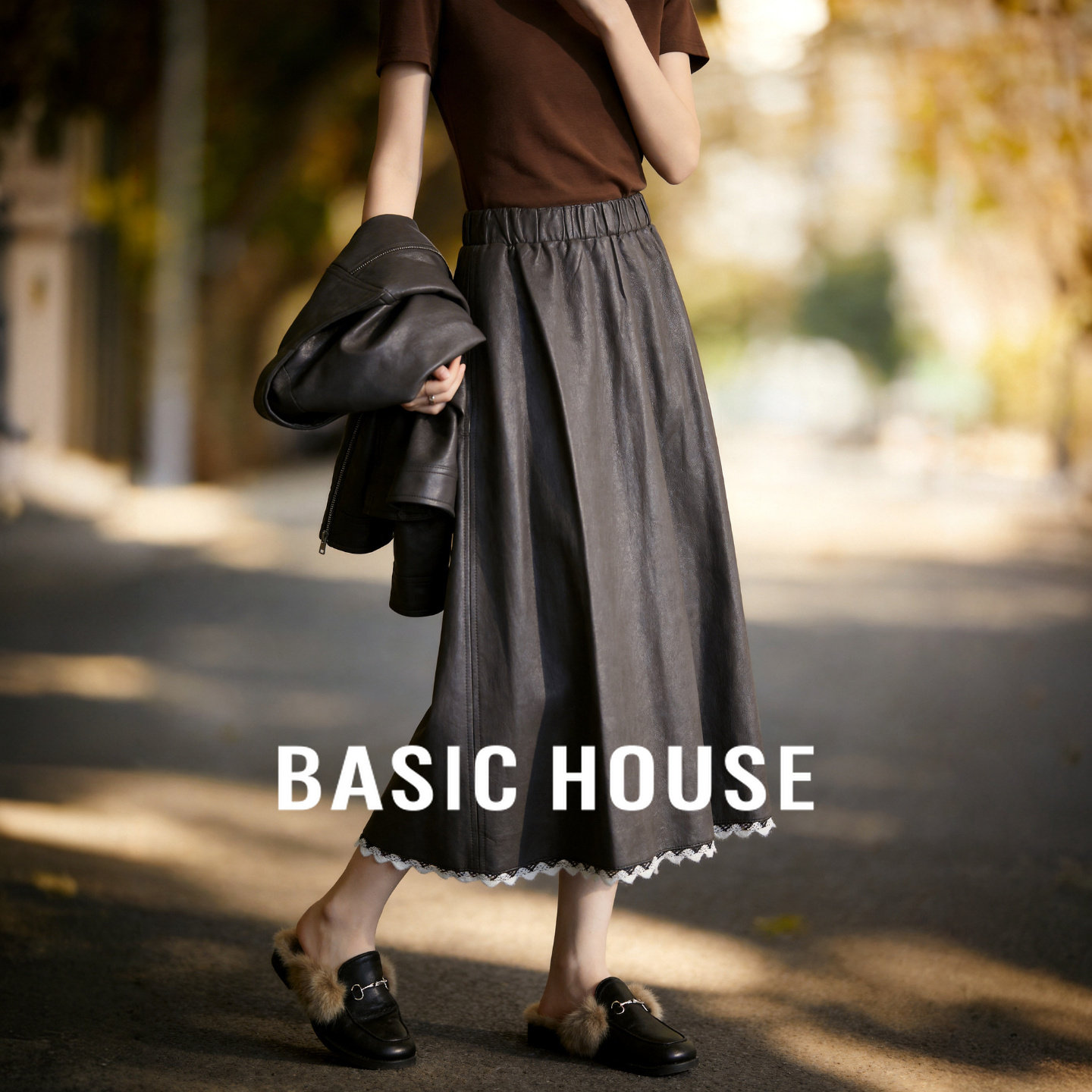 Basic House/百家好灰色A字半身裙女春季高腰中长款蕾丝边大摆裙