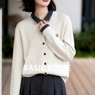 Basic House/百家好拼色翻领短款毛衣女款秋冬新款假两件开衫外套