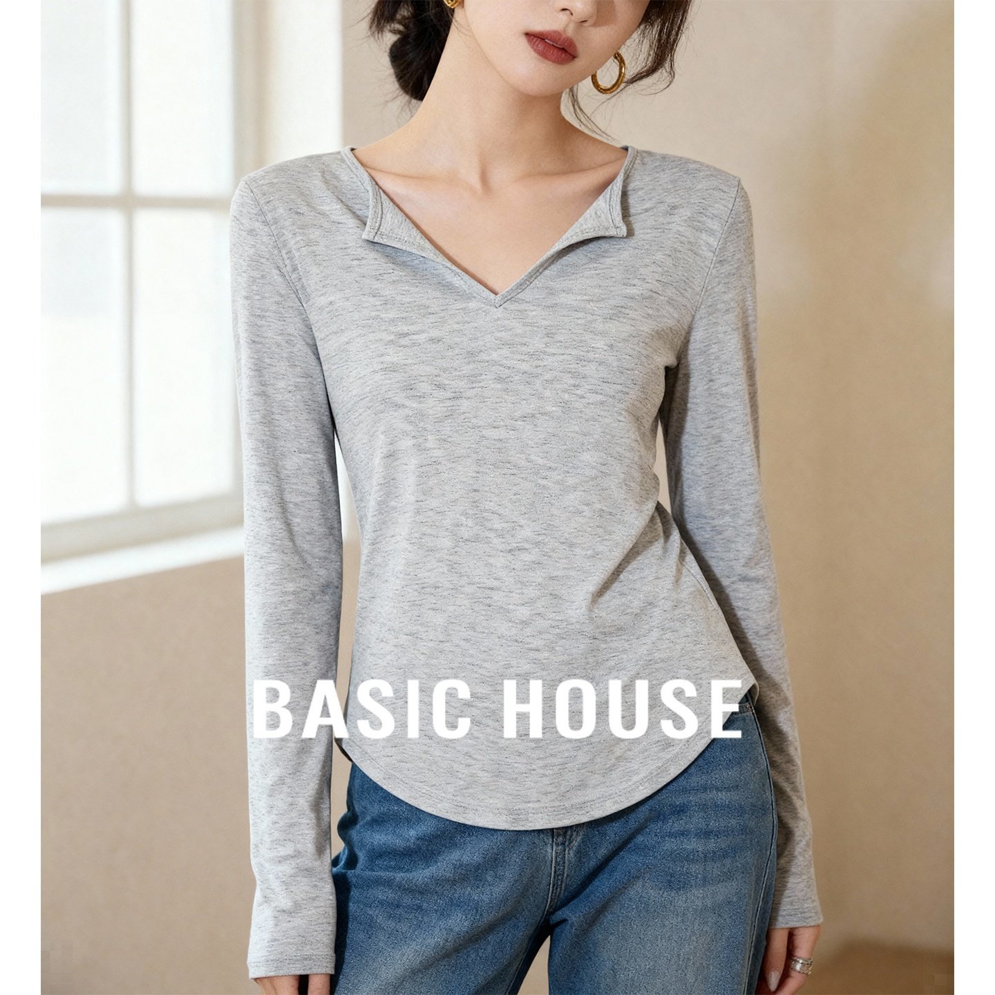 Basic House/百家好秋冬新款山羊绒V领长袖T恤弧形下摆外搭上衣女,女装/女士精品,T恤,淘宝优惠券,粉丝福利购,淘宝优惠卷