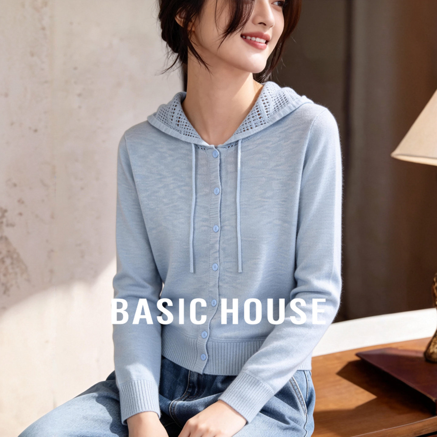 Basic House/百家好休闲风蓝色连帽抽绳针织开衫女夏宽松显瘦上衣