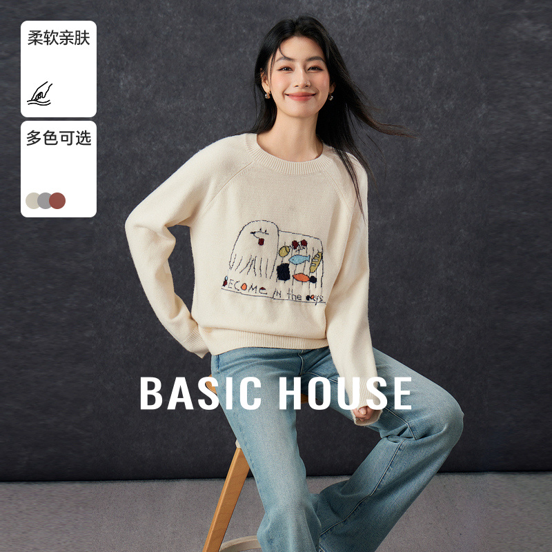 Basic House/百家好圆领卡通刺绣毛衣秋冬减龄纯色插肩袖上衣2025