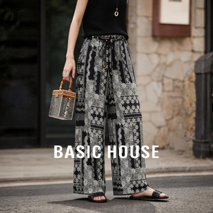 Basic House/百家好莱赛尔复古印花阔腿裤女夏季亚麻垂感凉感长裤