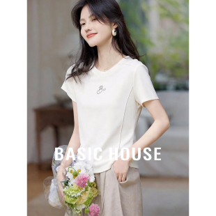 撞色圆领短袖 Basic 显瘦刺绣正肩上衣女新款 百家好修身 T恤 House
