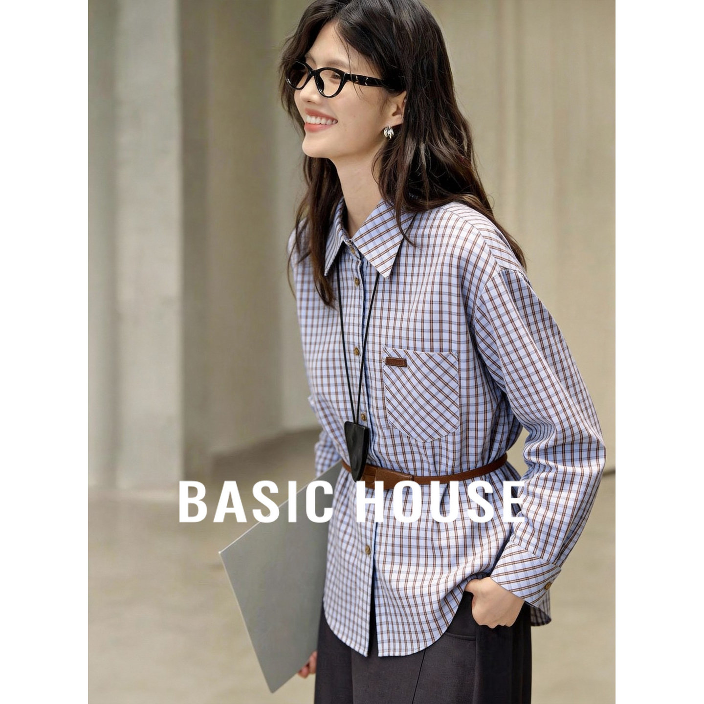 百家好格子长袖衬衫女士春季2026新款高级感衬衣气质显瘦百搭上衣