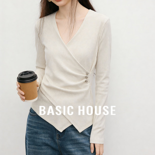 百家好米白V领交叉长袖T恤上衣春季新款女士侧扣修身桑蚕丝打底衫