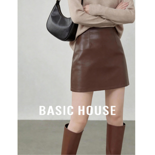 Basic House/百家好A字咖色皮裙春季新款气质显瘦包臀短裙半身裙