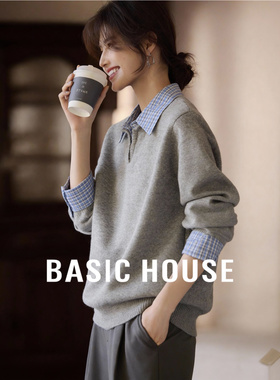 百家好灰色假两件针织衫上衣26春季新款女士格纹拼接翻领衬衫毛衣