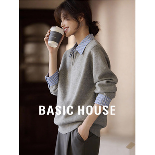 百家好灰色假两件针织衫上衣26春季新款女士格纹拼接翻领衬衫毛衣