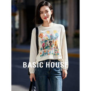 Basic 百家好休閑針織衫 2025秋季 涂鴉彩繪側邊抽繩套頭上衣 House
