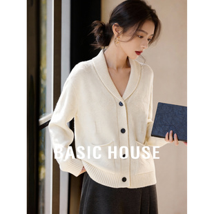 百家好白色V领简约开衫毛衣女秋冬季新款高级感针织气质宽松上衣