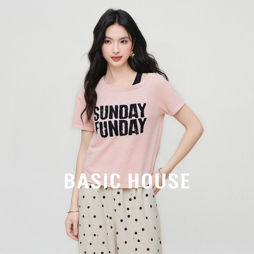 Basic House/百家好美式字母露肩针织衫夏季流行短款撞色套头上衣