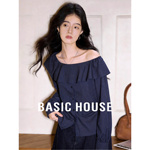 Basic House/百家好露肩荷叶边衬衫条纹长袖一字肩上衣气质春新款