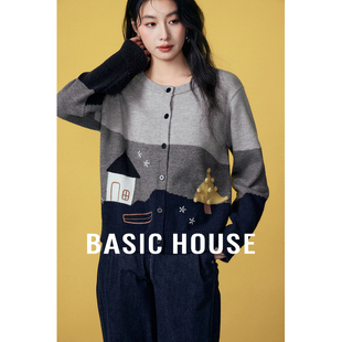 拼色开衫 百家好韩版 外套冬季 新款 毛衣女 Basic 减龄圆领短款 House